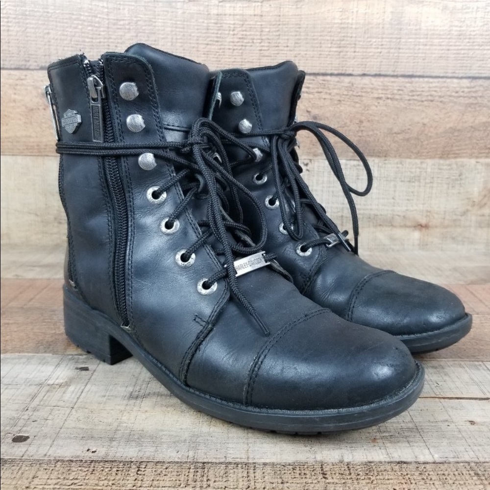 Harley Davidson Summerdale Women Sz 8.5 M Black Leather Ankle Moto Combat Boots
